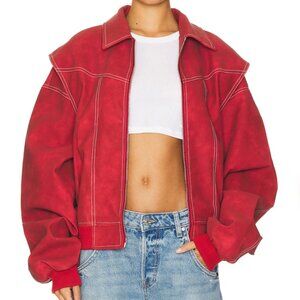NEW LIONESS Vista Bomber Jacket Crimson Red Vegan Leather Boyfriend Coat Large